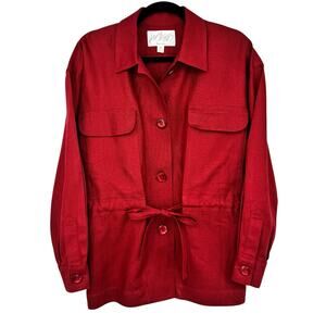 Lord & Taylor Womens Brick Red Linen Cargo Utility Jacket Size 8P Button Front